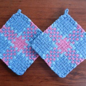 Set of 2 Handmade Artisan Cotton Woven Loomed Potholders Hot Pads Trivets